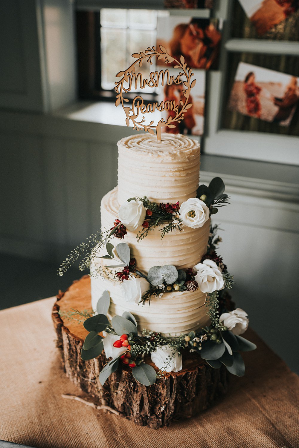 Buttercream Cake Flowers Log Slice Kent Village Hall Wedding Holly Rose Weddings