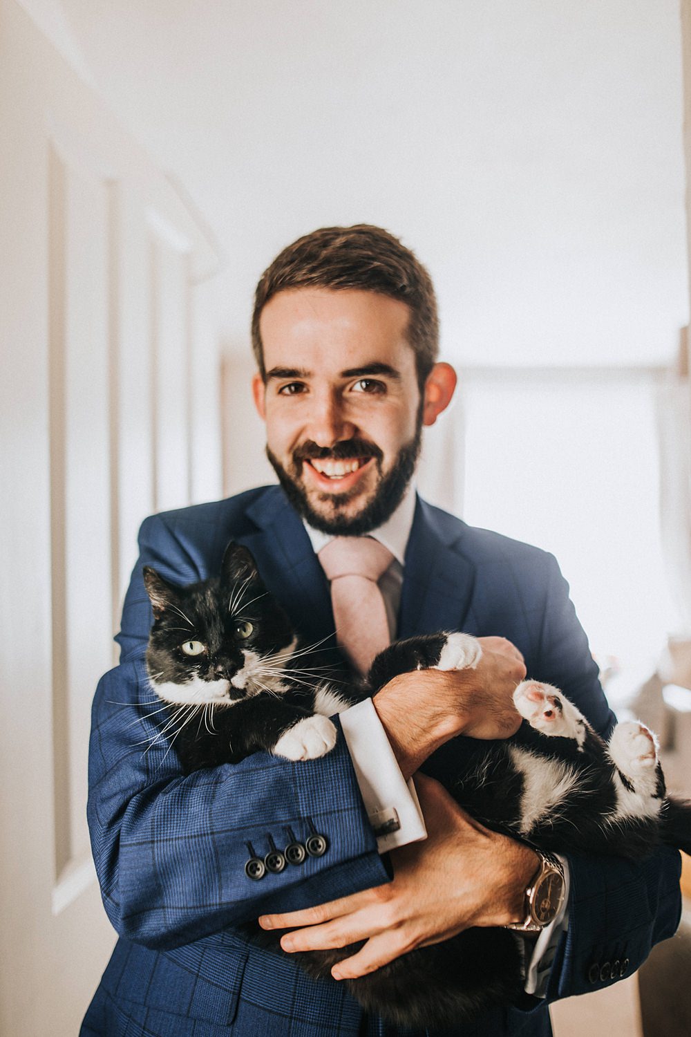 Groom Blue Suit Pink Tie Cat Kent Village Hall Wedding Holly Rose Weddings