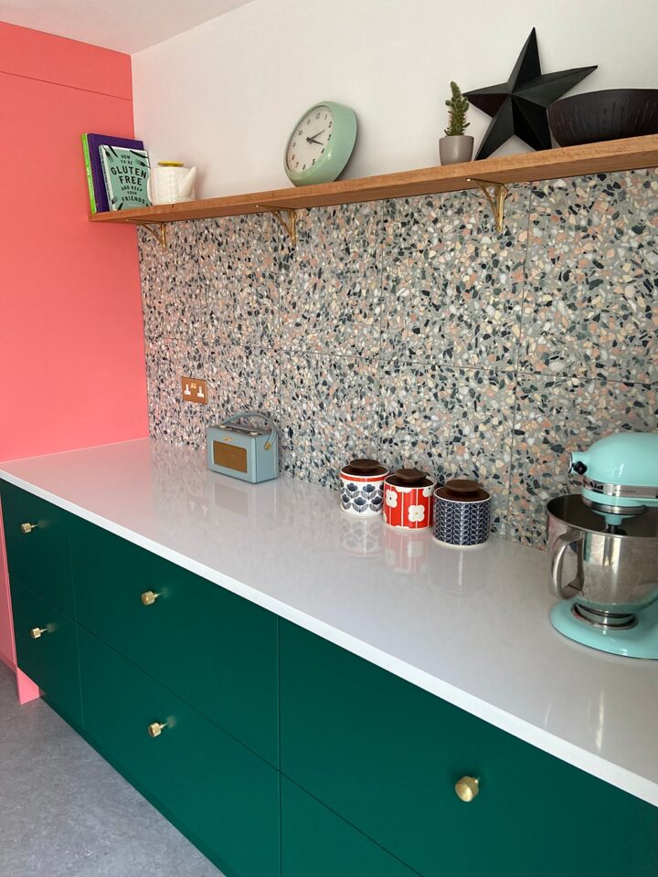 Kitchen Renovation 1930s House Coral Green Colourful Brass Terrazzo Tiles Oak Shelf