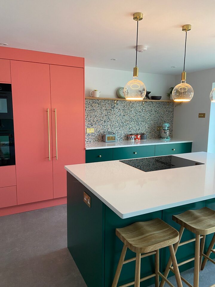 Kitchen Renovation 1930s House Coral Green Colourful Brass Pendants