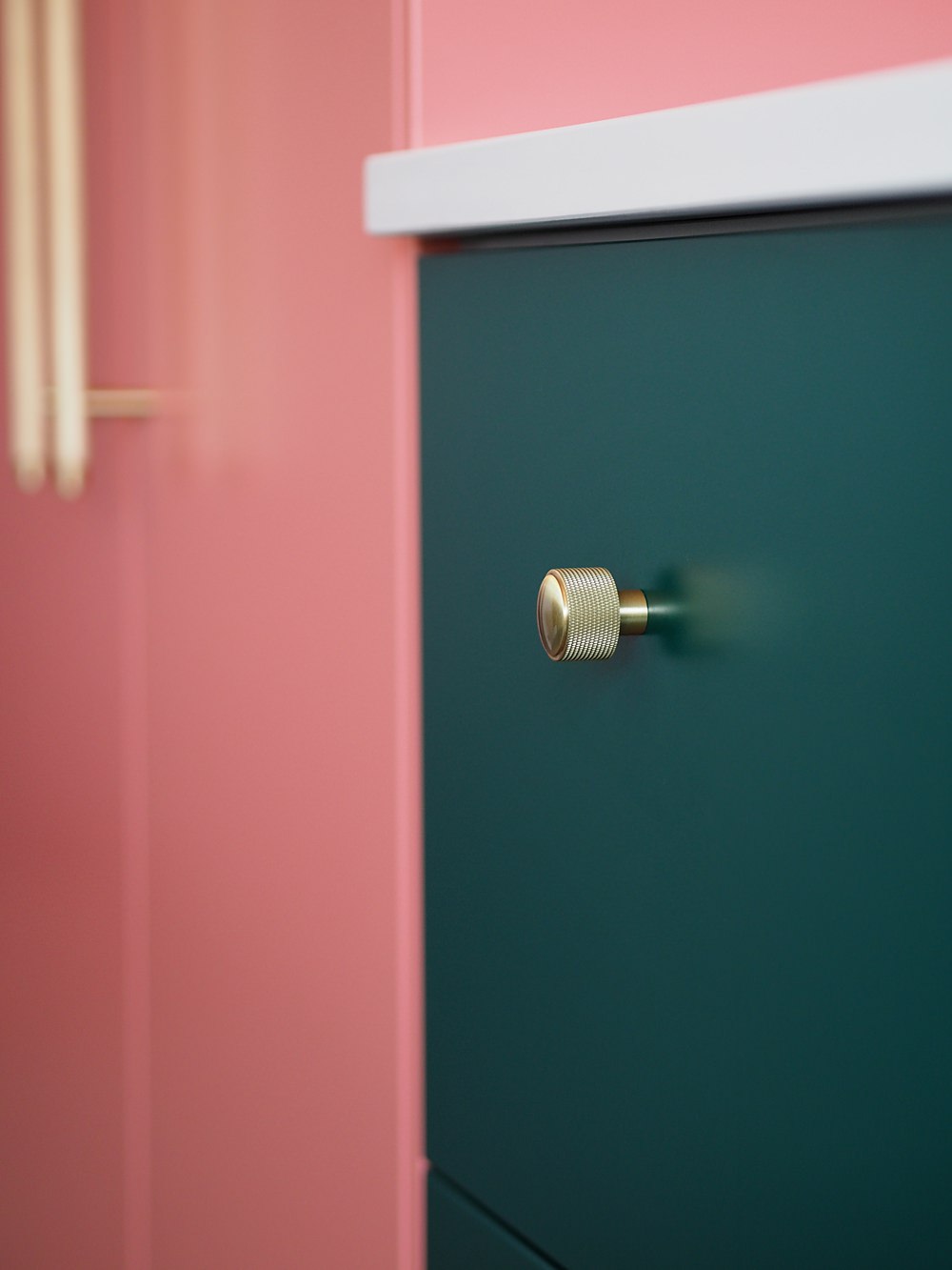 Coral Green Kitchen Brass Handles Renovation 1930s House