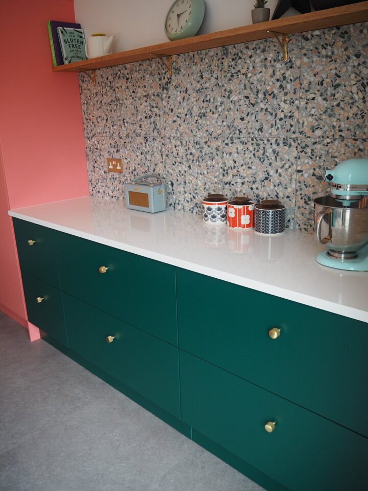 Kitchen Renovation 1930s House Coral Green Colourful Brass Terrazzo Tiles Oak Shelf