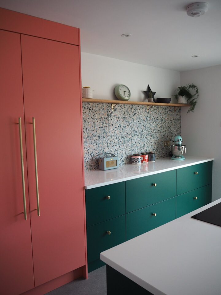 Kitchen Renovation 1930s House Coral Green Colourful Brass Terrazzo Tiles Oak Shelf