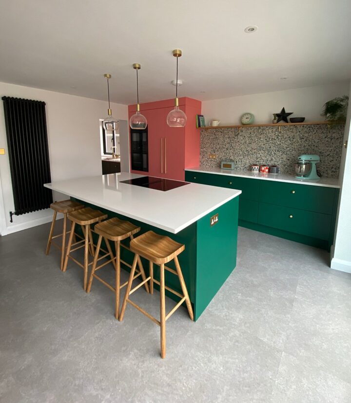 Kitchen Renovation 1930s House Coral Green Colourful Brass Concrete LVT Floor