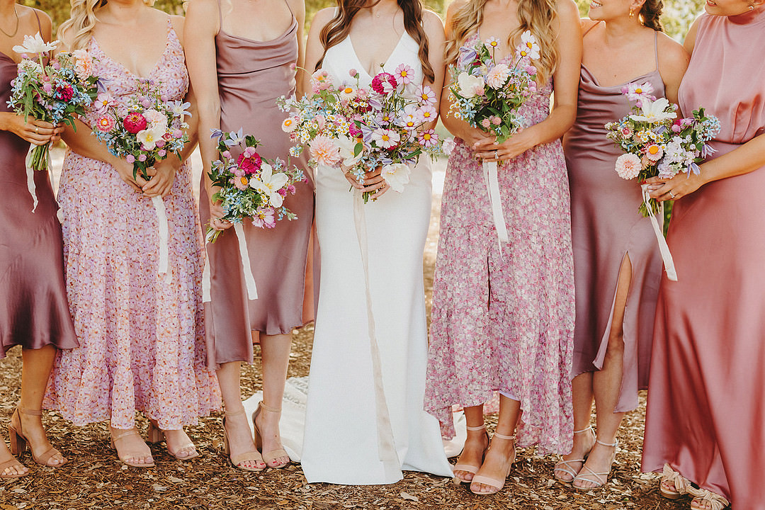 Pink Satin Floral Bridesmaid Dresses Mismatched Lady Bird Johnson Wildflower Center Wedding Two Pair Photography