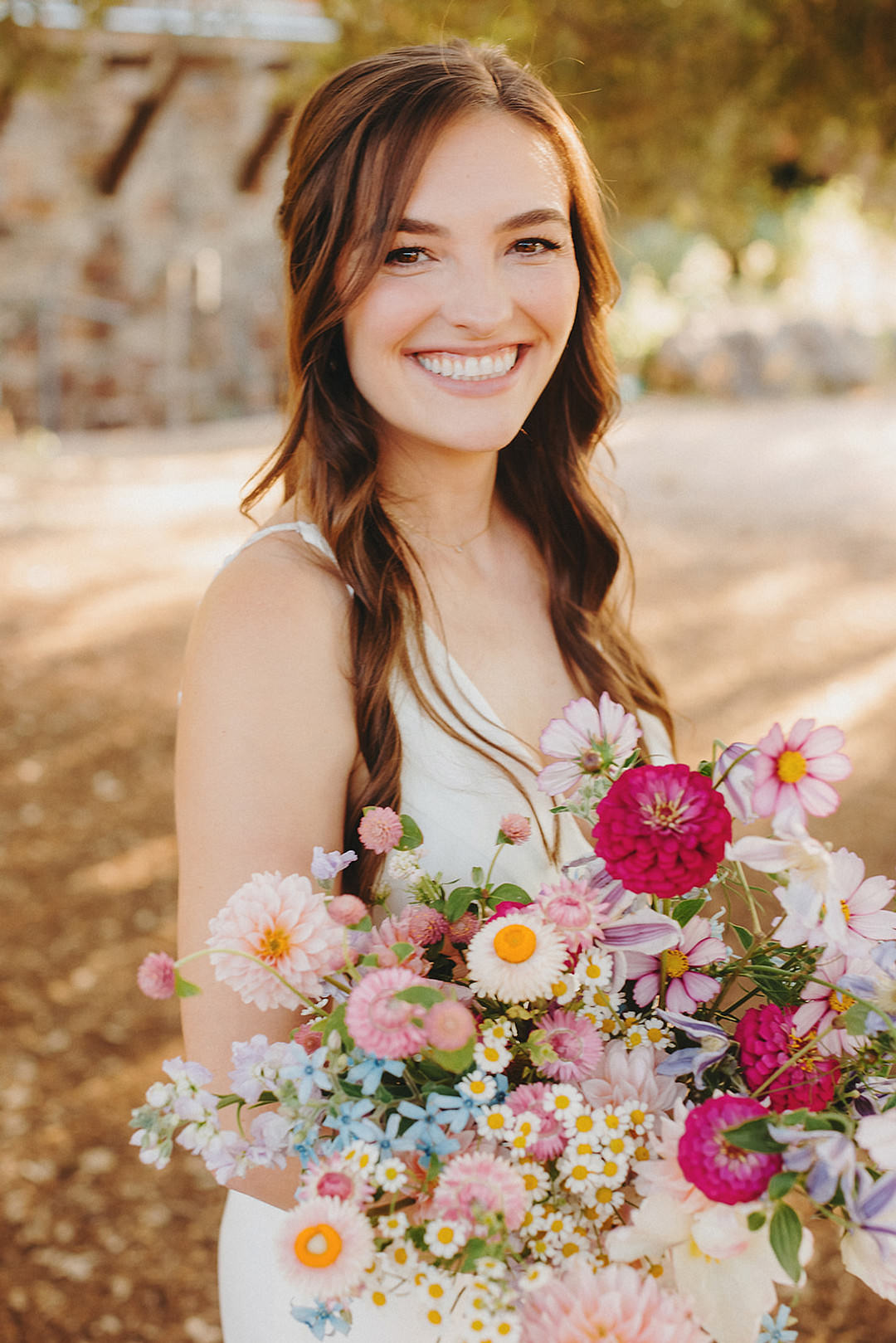 Bouquet Flowers Pink Pretty Summer Yellow Dahlia Long Hair Bride Lady Bird Johnson Wildflower Center Wedding Two Pair Photography