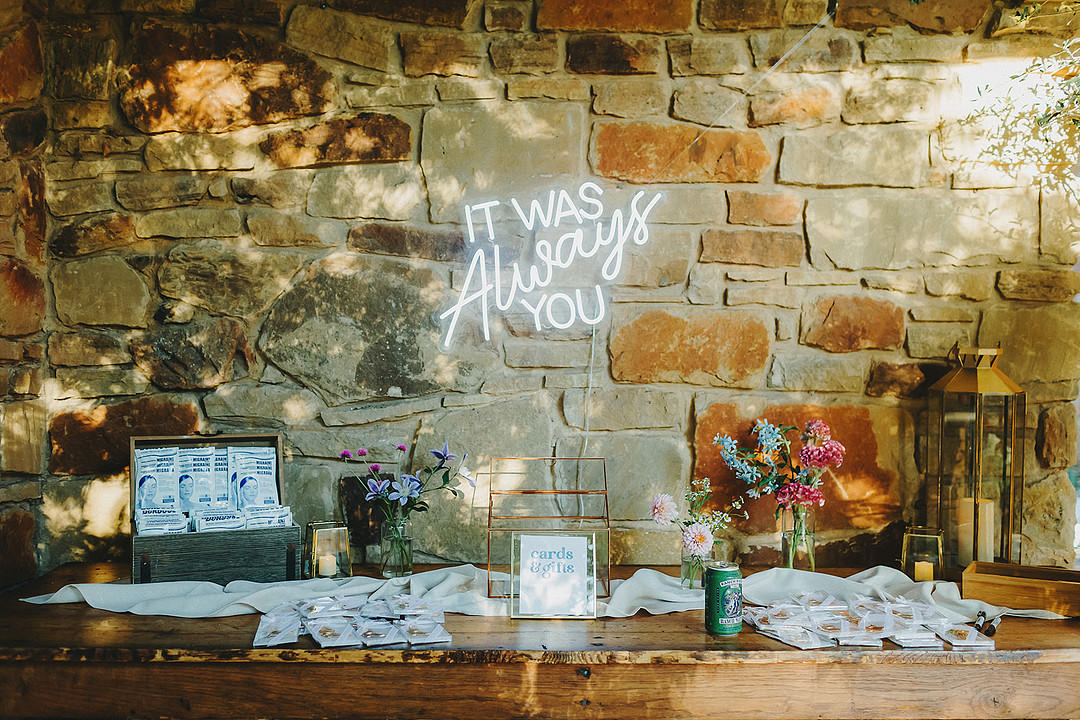 Guest Book Table Neon Sign Lady Bird Johnson Wildflower Center Wedding Two Pair Photography