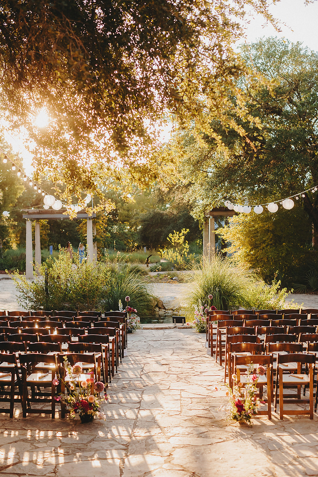 Outdoor Ceremony Aisle Wooden Chairs Lady Bird Johnson Wildflower Center Wedding Two Pair Photography