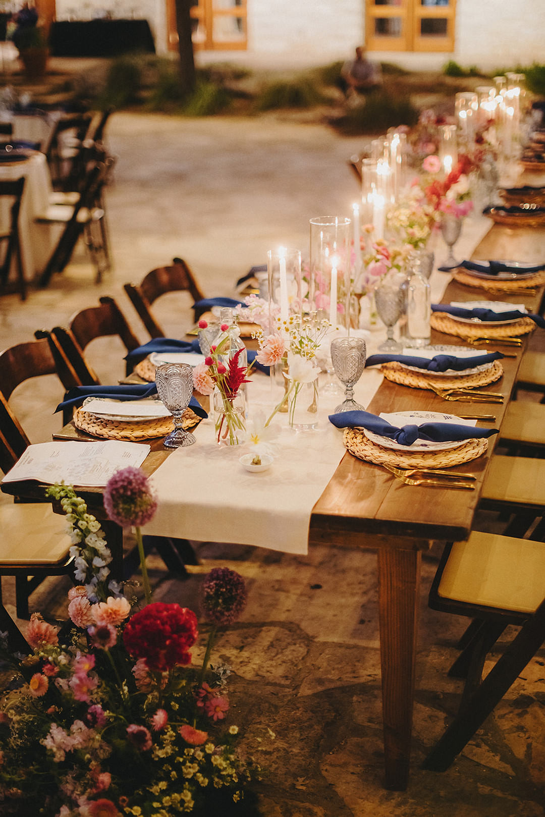 Long Wooden Table White Runner Blue Napkins Candles Flowers Decor Lady Bird Johnson Wildflower Center Wedding Two Pair Photography