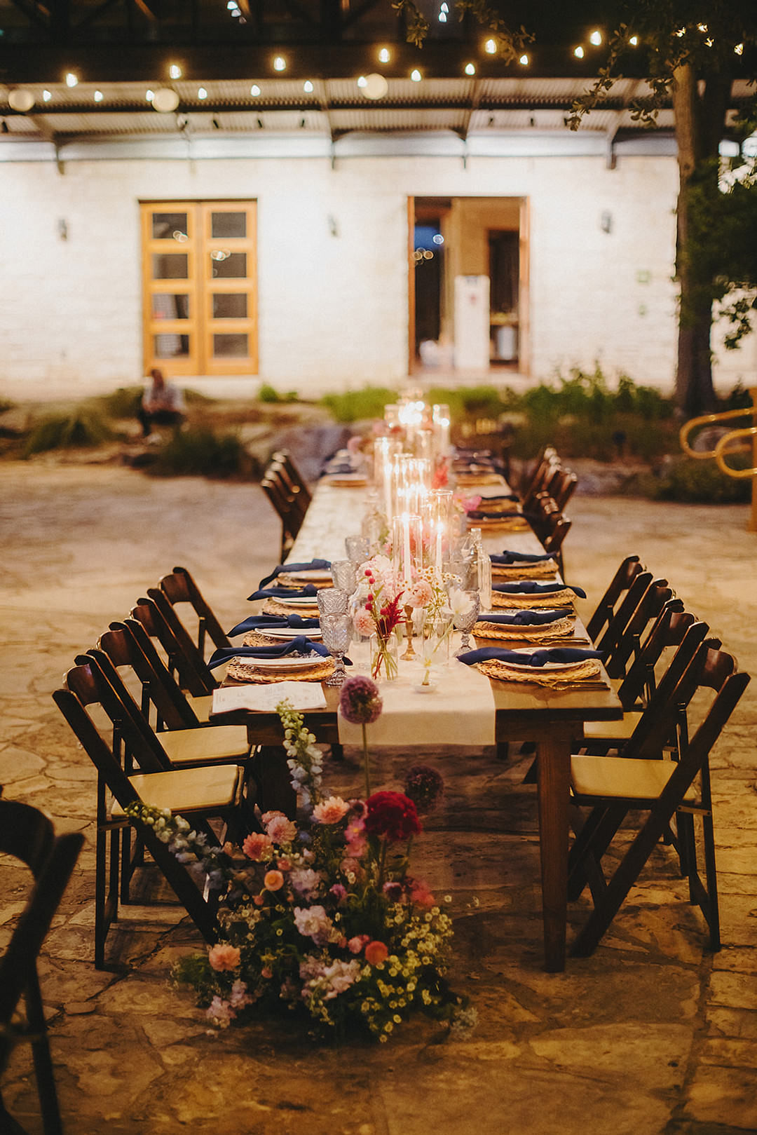 Long Wooden Table White Runner Blue Napkins Candles Flowers Decor Lady Bird Johnson Wildflower Center Wedding Two Pair Photography