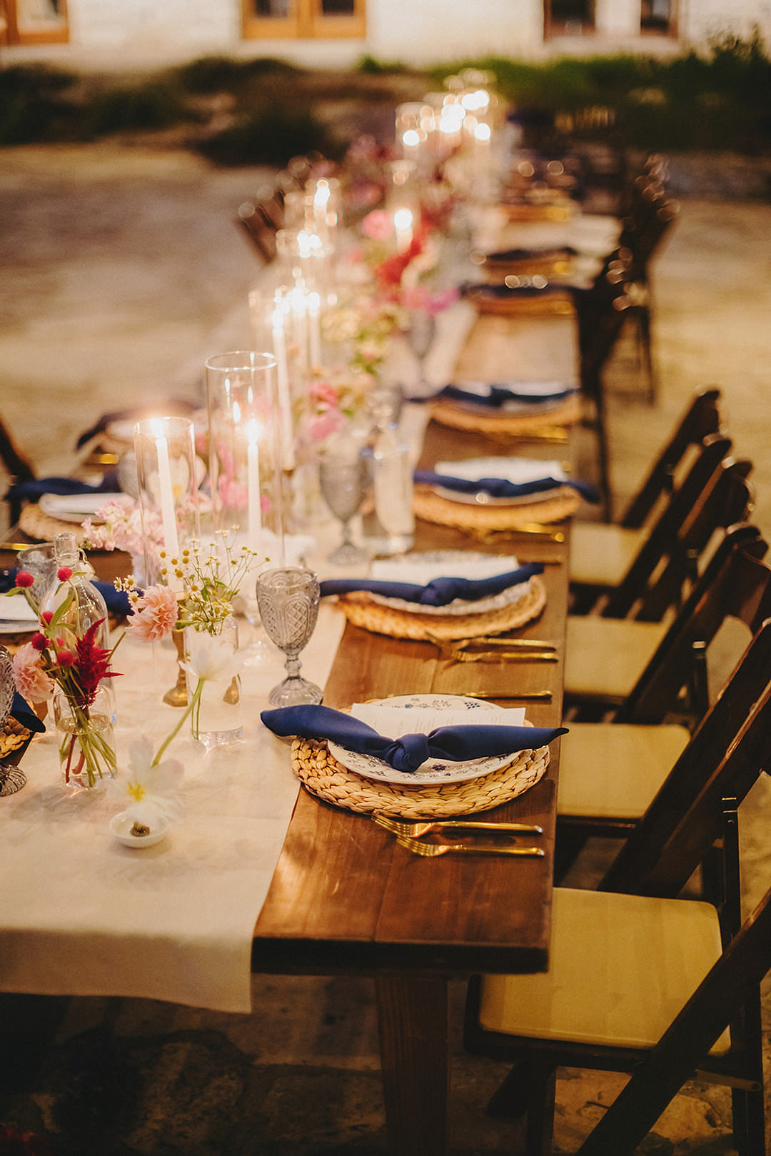 Long Wooden Table White Runner Blue Napkins Candles Flowers Decor Lady Bird Johnson Wildflower Center Wedding Two Pair Photography