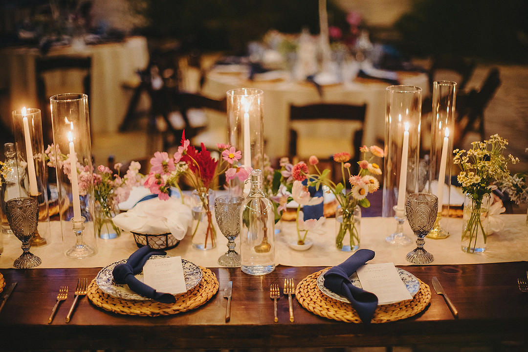 Long Wooden Table White Runner Blue Napkins Candles Flowers Decor Lady Bird Johnson Wildflower Center Wedding Two Pair Photography