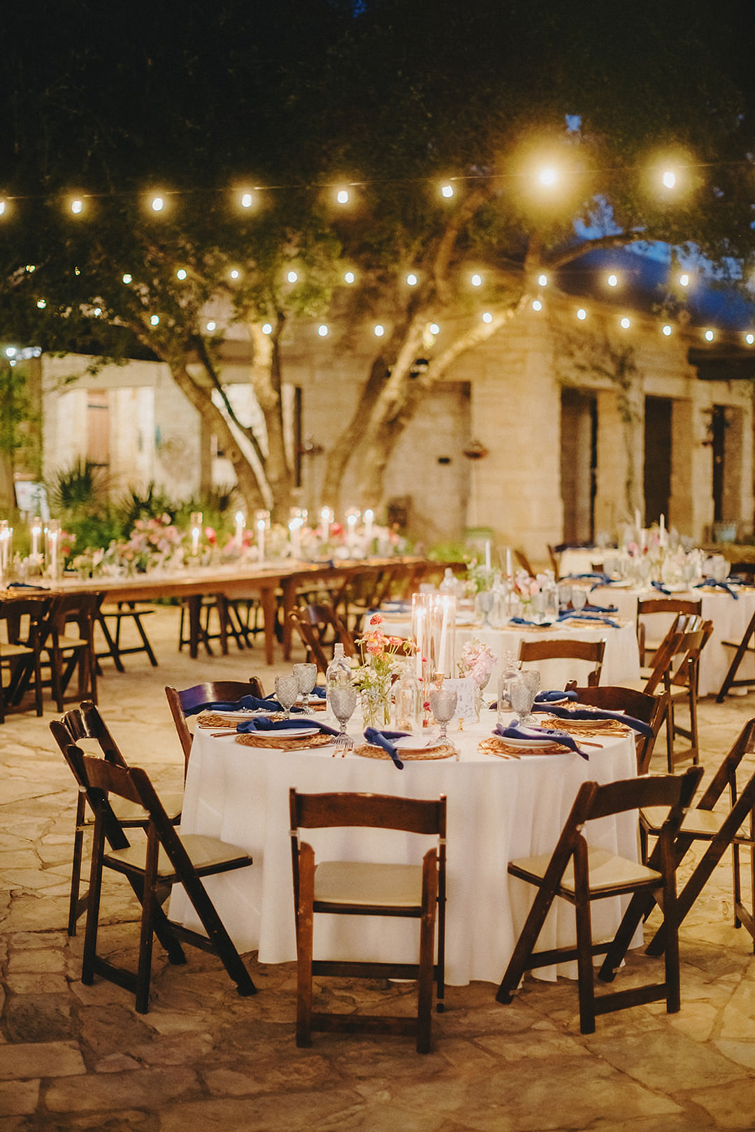 White Runner Blue Napkins Candles Flowers Decor Festoon Lights Lady Bird Johnson Wildflower Center Wedding Two Pair Photography