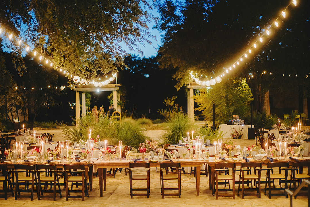 White Runner Blue Napkins Candles Flowers Decor Festoon Lights Lady Bird Johnson Wildflower Center Wedding Two Pair Photography