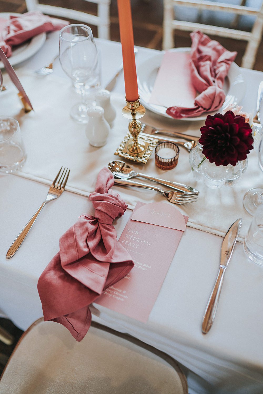Knotted Napkin Gold Cutlery Place Setting Magenta Pink Wedding Holly Rose Weddings