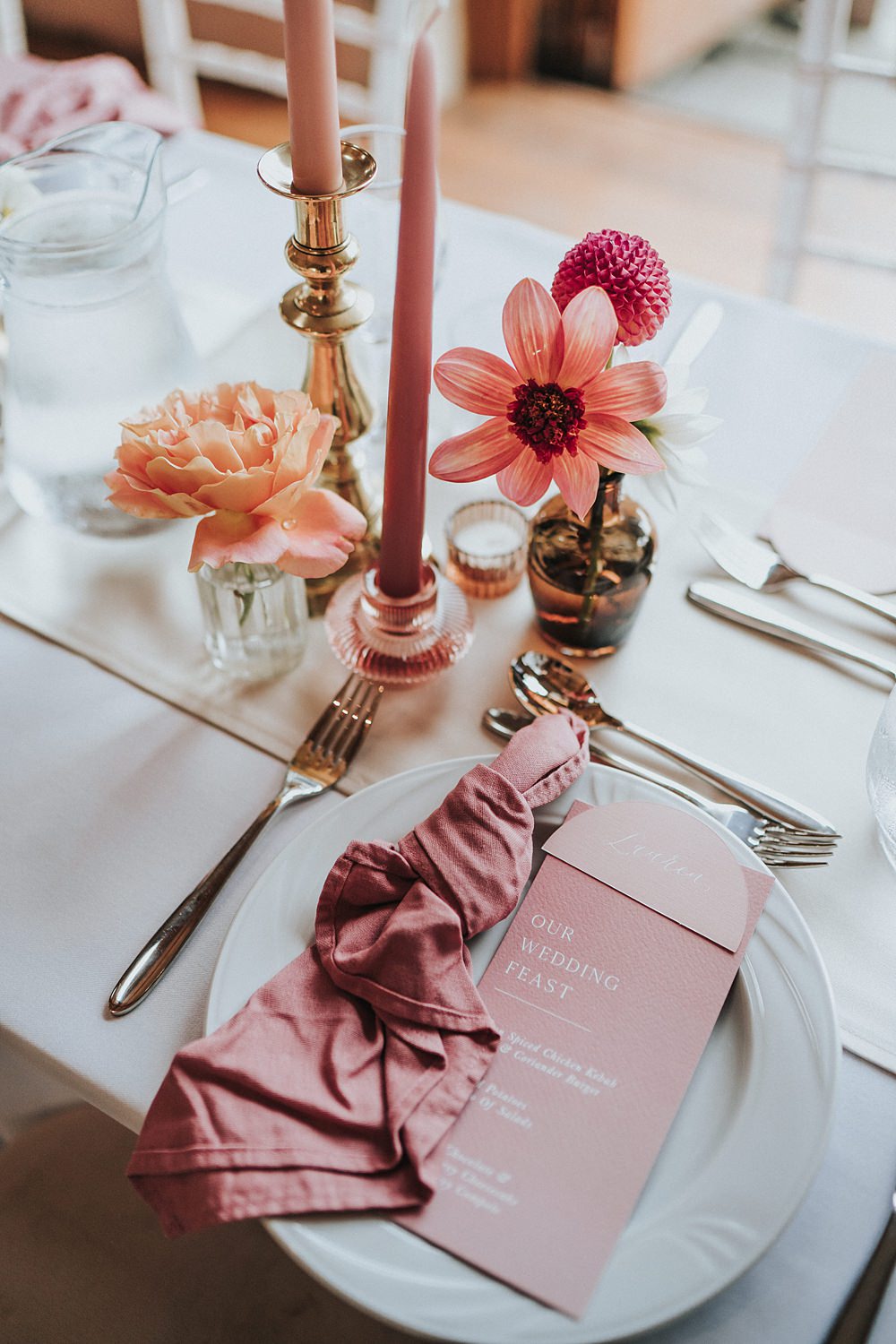 Knotted Napkin Gold Cutlery Place Setting Magenta Pink Wedding Holly Rose Weddings