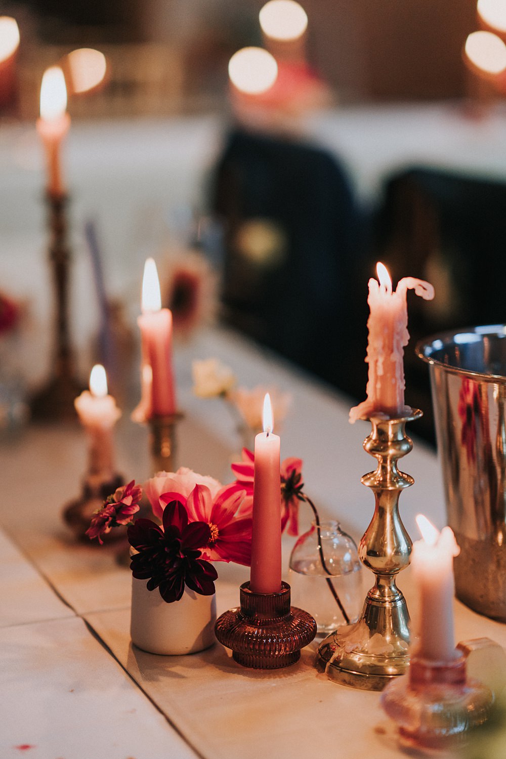 Long Table Napkins Flowers Tall Candles Magenta Pink Wedding Holly Rose Weddings