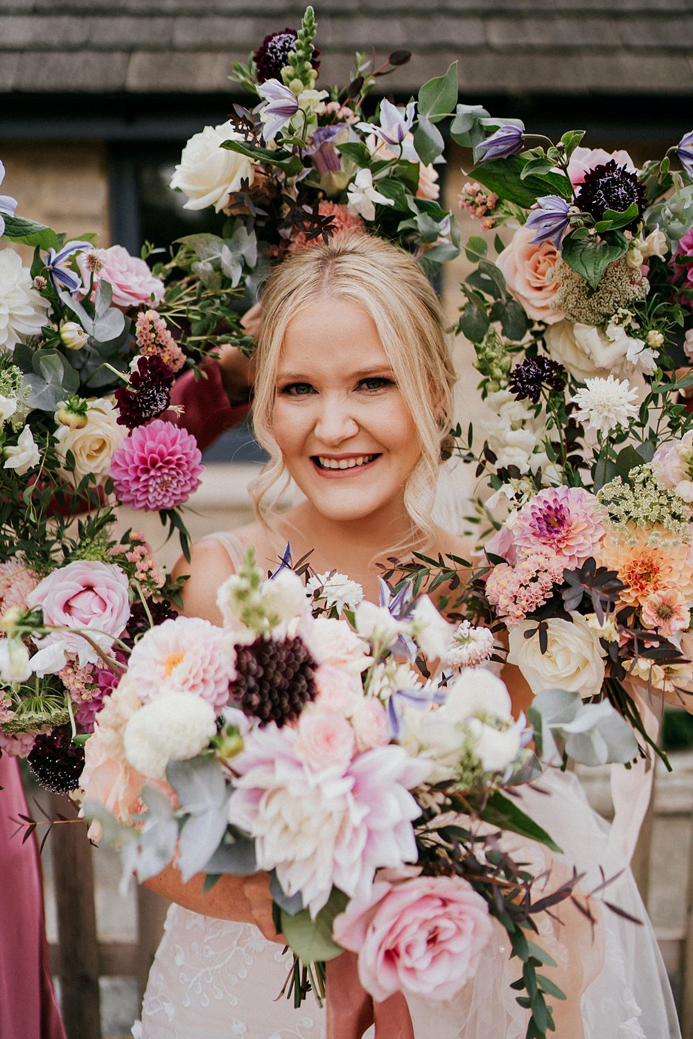 Bouquet Flowers Bride Dahlia Rose Portrait Magenta Pink Wedding Holly Rose Weddings