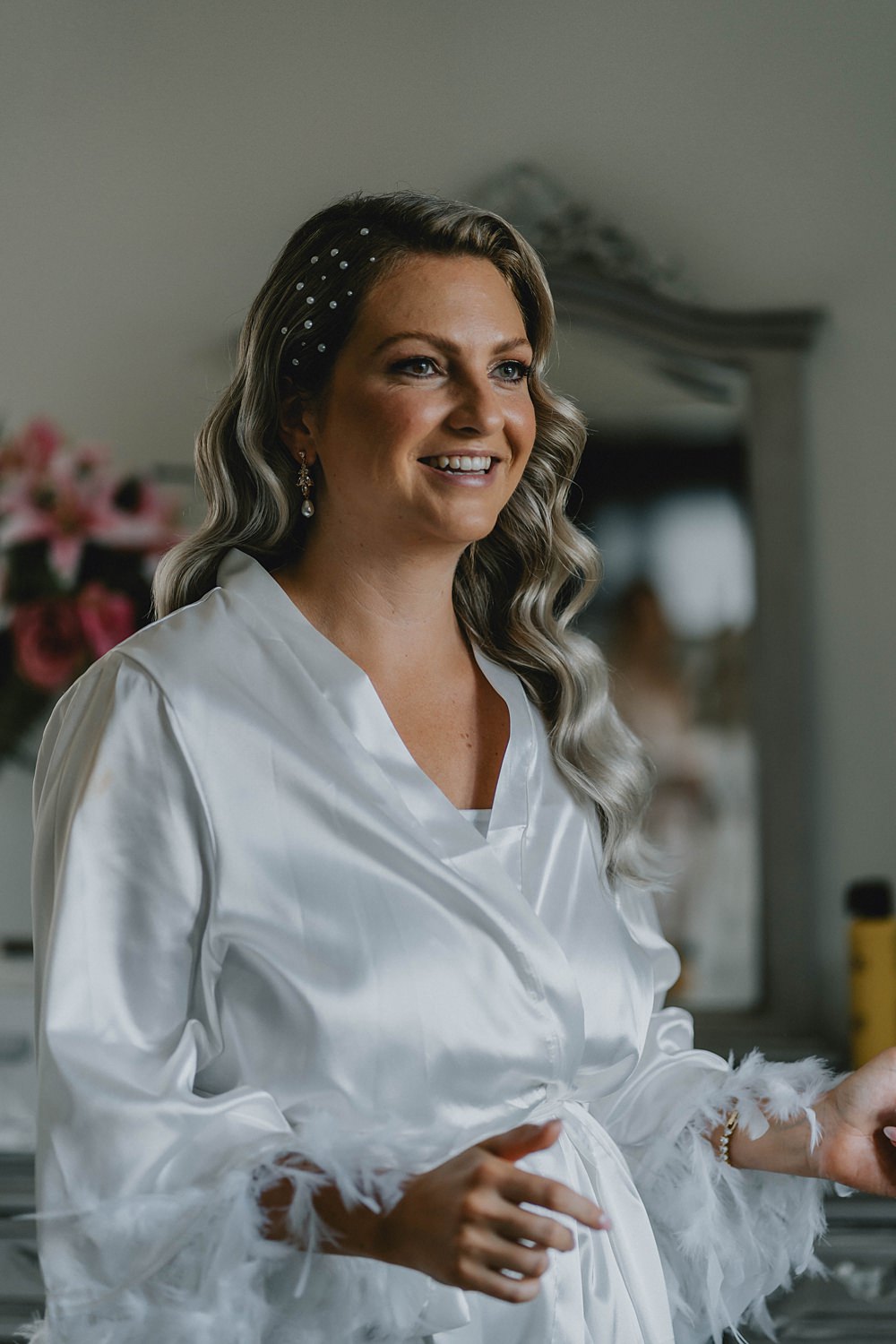 Bride Hair Waves Pins Robe Manor Lake Wedding Grace Dove Photography