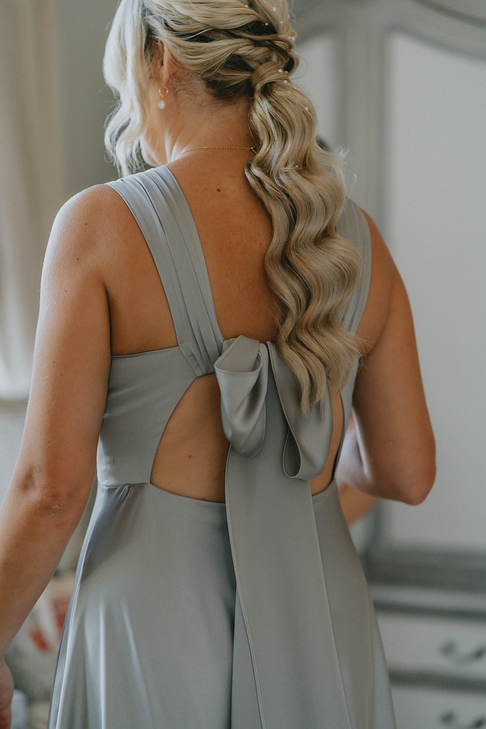 Sage Green Bridesmaid Dress Ponytail Hairstyle Manor Lake Wedding Grace Dove Photography