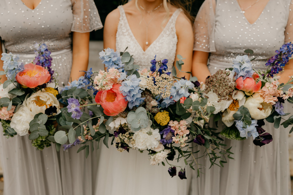 Bouquet Flowers Bridal Pink Peony Blue Eucalyptus Summer Bridesmaids Millbrook Lodge Hotel Wedding Iain Irwin Photography