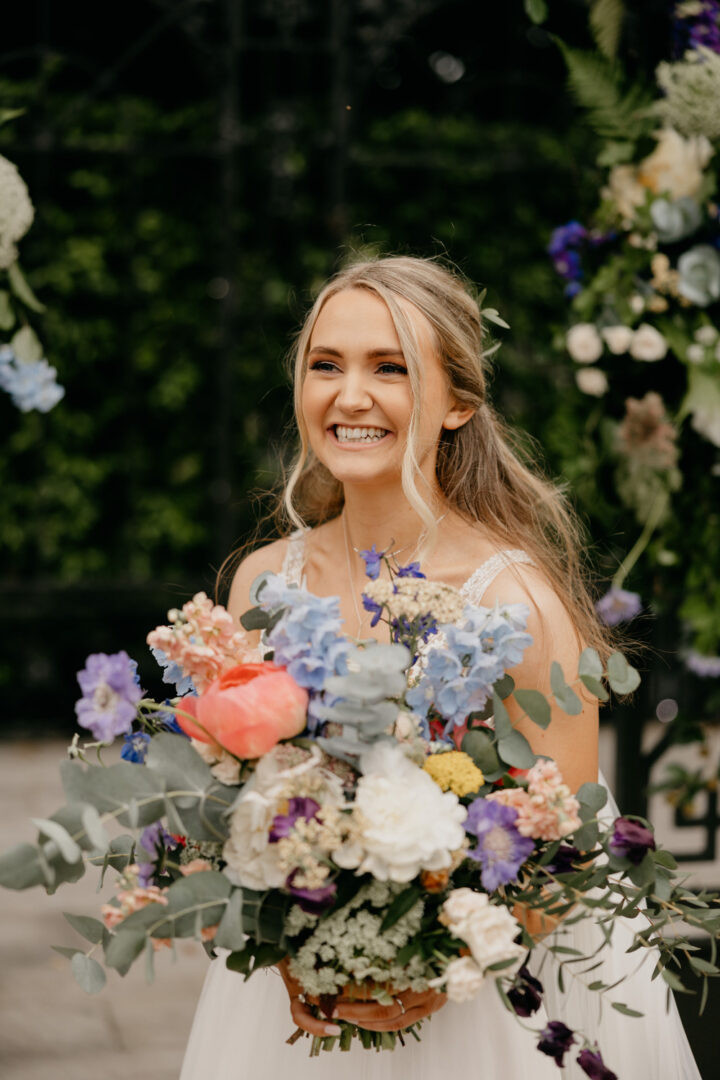 Bouquet Flowers Bridal Pink Peony Blue Eucalyptus Summer Millbrook Lodge Hotel Wedding Iain Irwin Photography