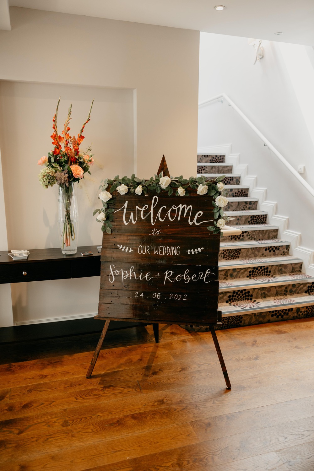 Wooden Welcome Sign Millbrook Lodge Hotel Wedding Iain Irwin Photography
