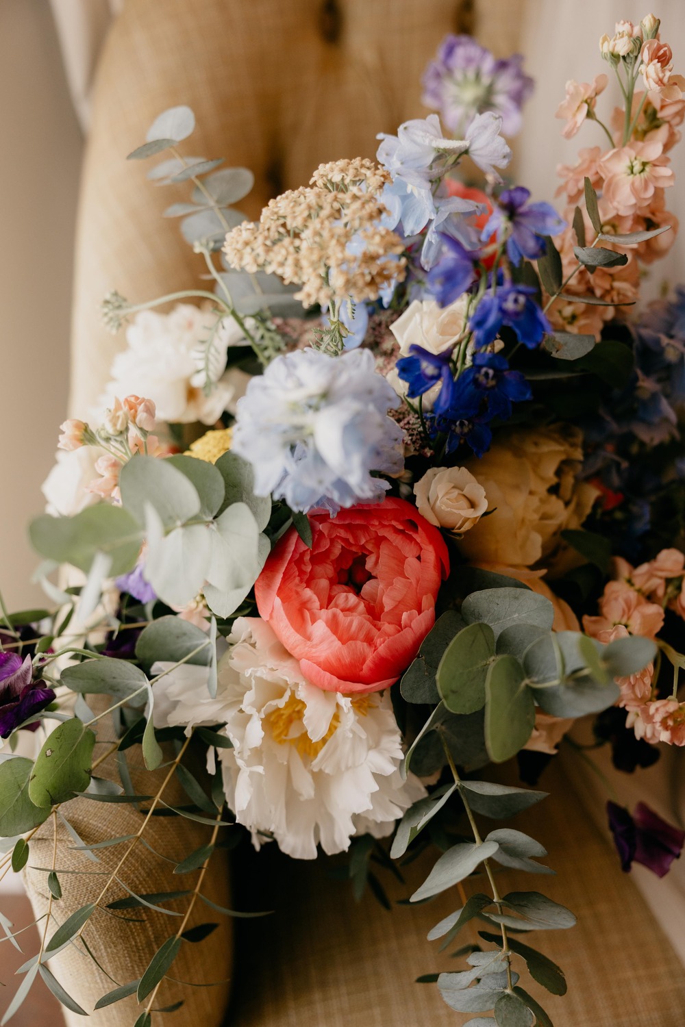Bouquet Flowers Bridal Pink Peony Blue Eucalyptus Summer Millbrook Lodge Hotel Wedding Iain Irwin Photography