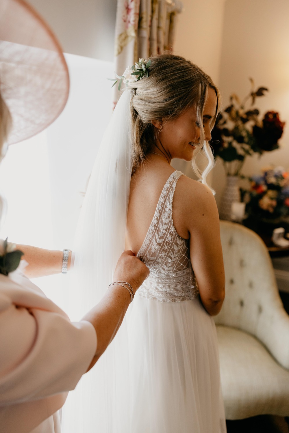 Dress Gown Bride Low Back Veil Justin Alexander Millbrook Lodge Hotel Wedding Iain Irwin Photography