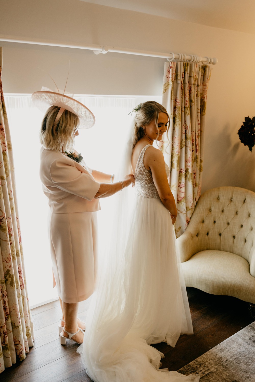 Dress Gown Bride Low Back Veil Justin Alexander Mother of the Bride Outfit Millbrook Lodge Hotel Wedding Iain Irwin Photography