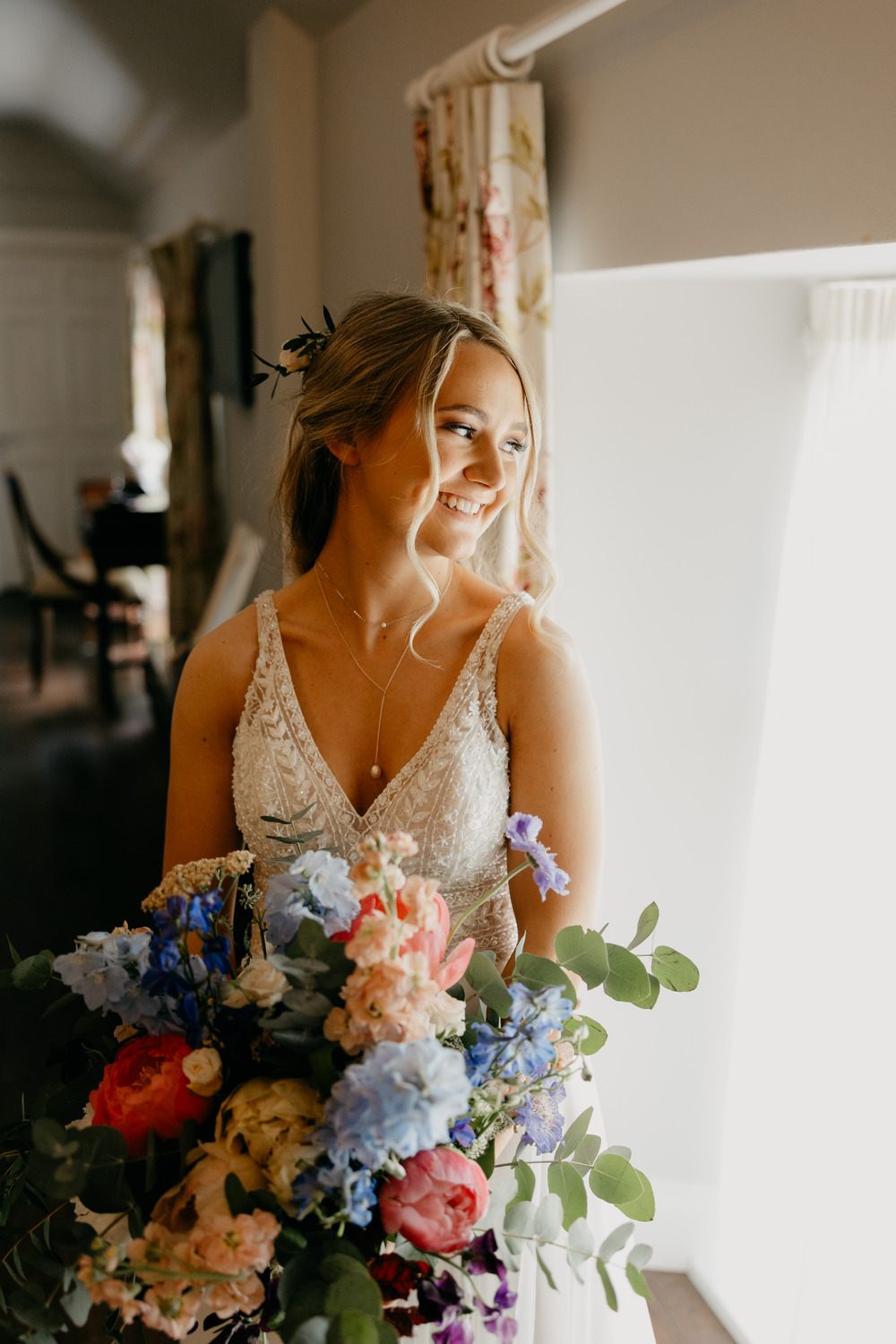 Bouquet Flowers Bridal Pink Peony Blue Eucalyptus Summer Millbrook Lodge Hotel Wedding Iain Irwin Photography