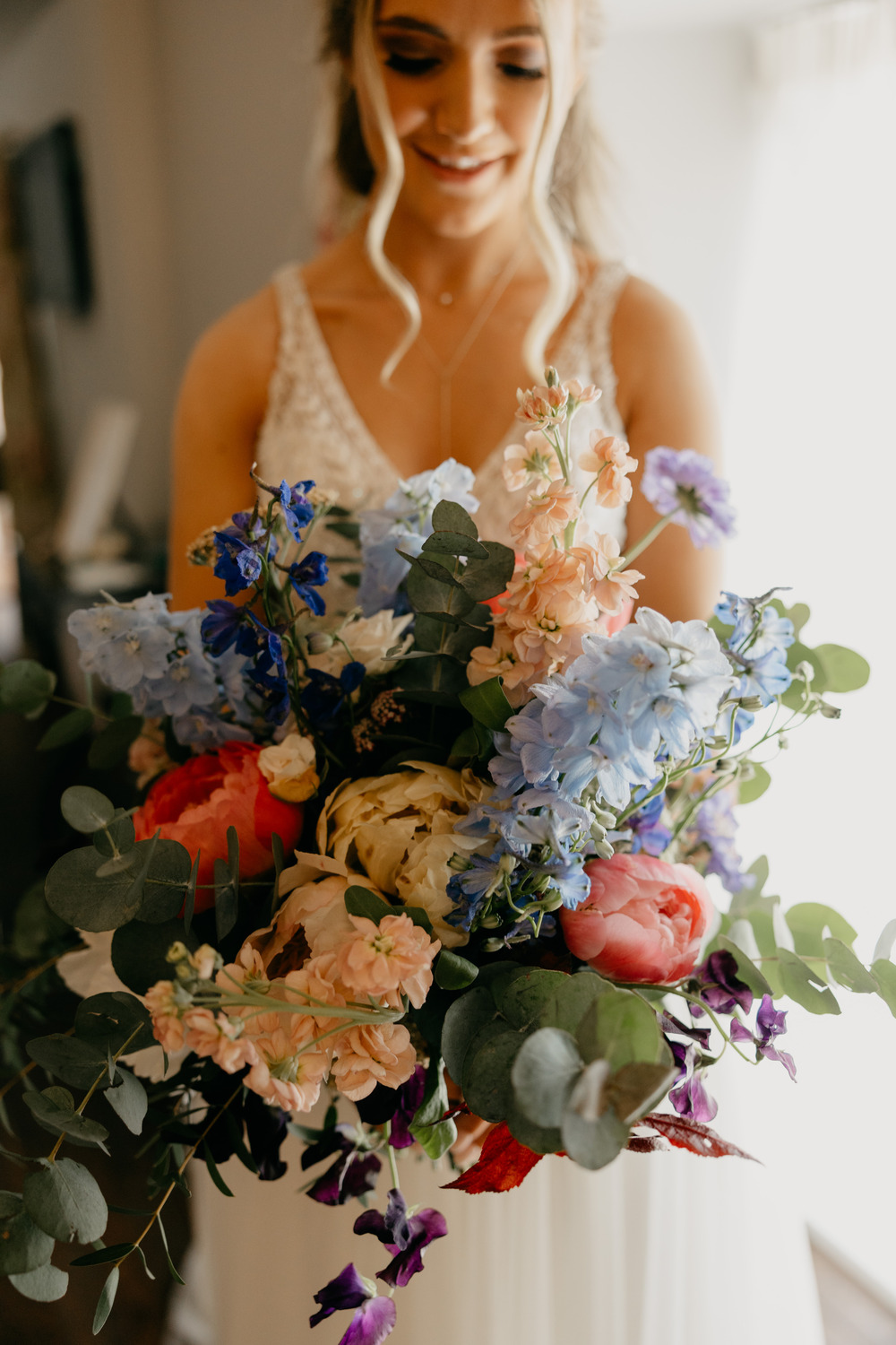 Bouquet Flowers Bridal Pink Peony Blue Eucalyptus Summer Millbrook Lodge Hotel Wedding Iain Irwin Photography