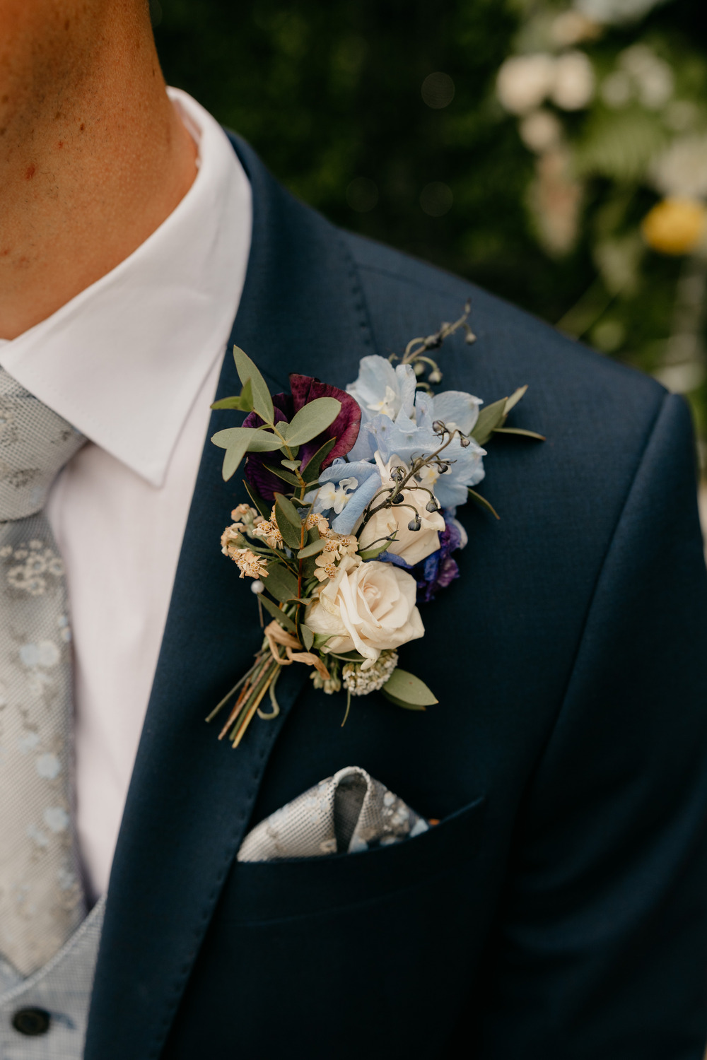 Groom Navy Suit Grey Tie Buttonhole Flowers Millbrook Lodge Hotel Wedding Iain Irwin Photography