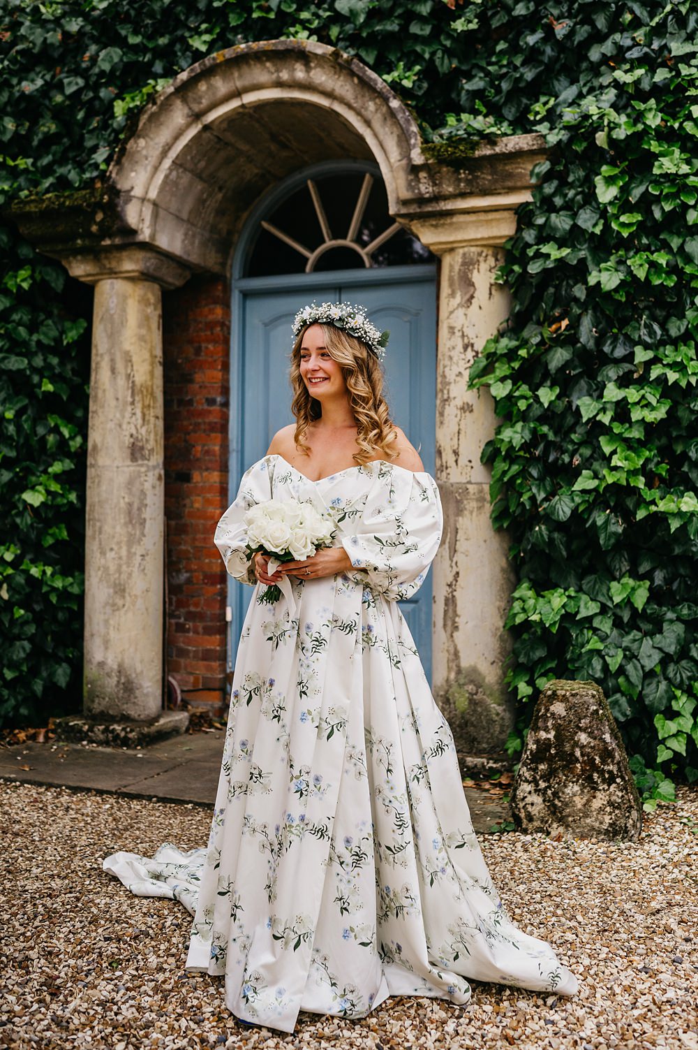 Floral Dress Gown Off Shoulder Puff Sleeve Bridal Outside Inside Wedding Kevin Fern Photography