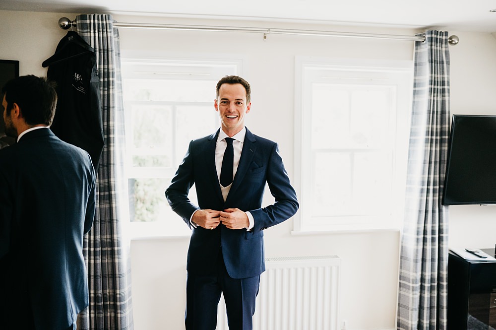 Groom Navy Suit Grey Waistcoat Outside Inside Wedding Kevin Fern Photography