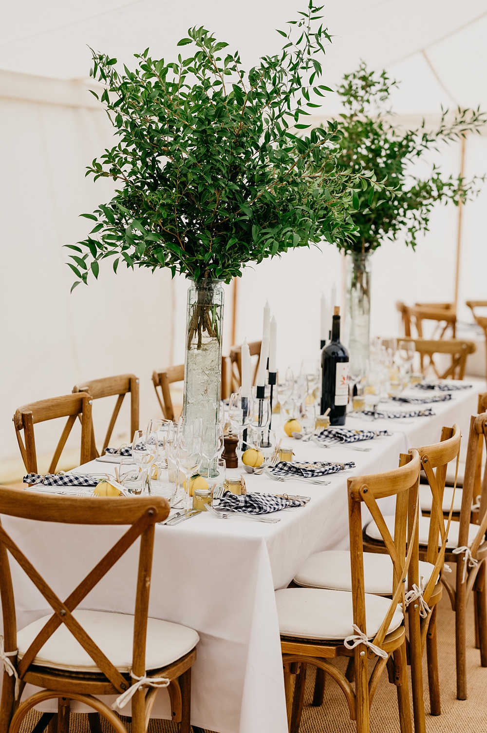 Tall Tree Greenery Centrepieces Outside Inside Wedding Kevin Fern Photography