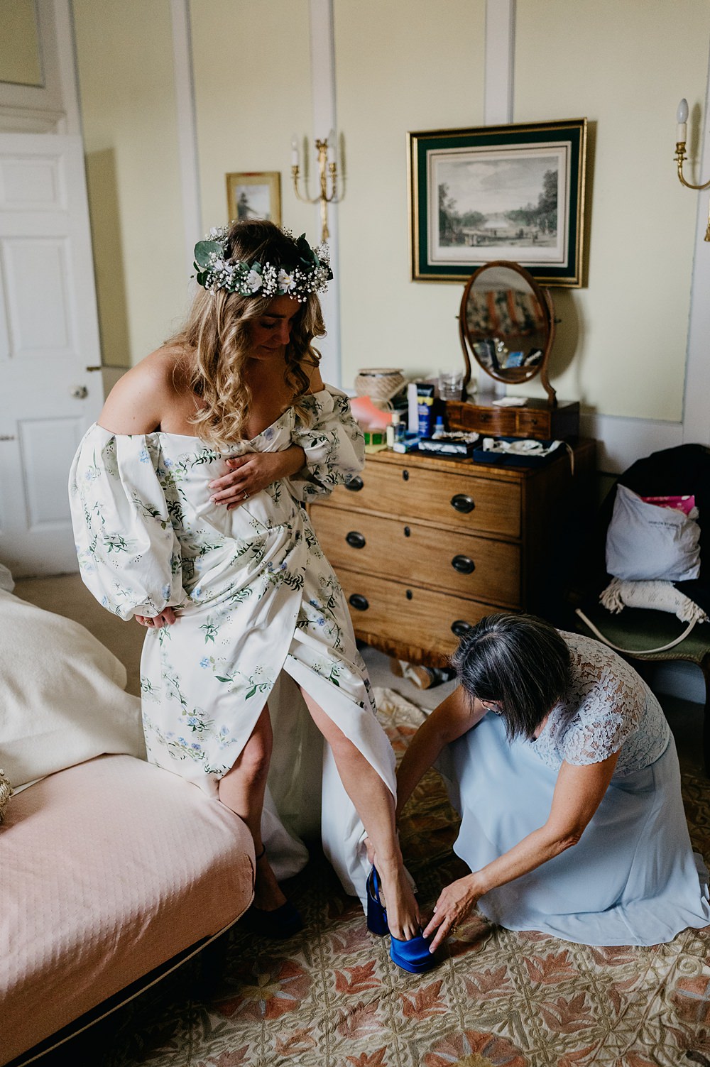 Floral Dress Gown Off Shoulder Puff Sleeve Bridal Outside Inside Wedding Kevin Fern Photography