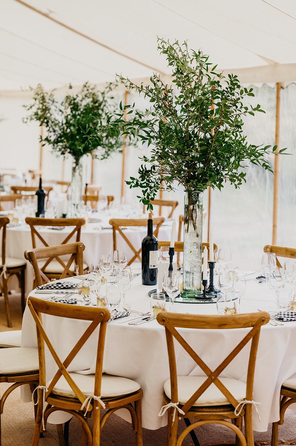 Tall Tree Greenery Centrepieces Outside Inside Wedding Kevin Fern Photography