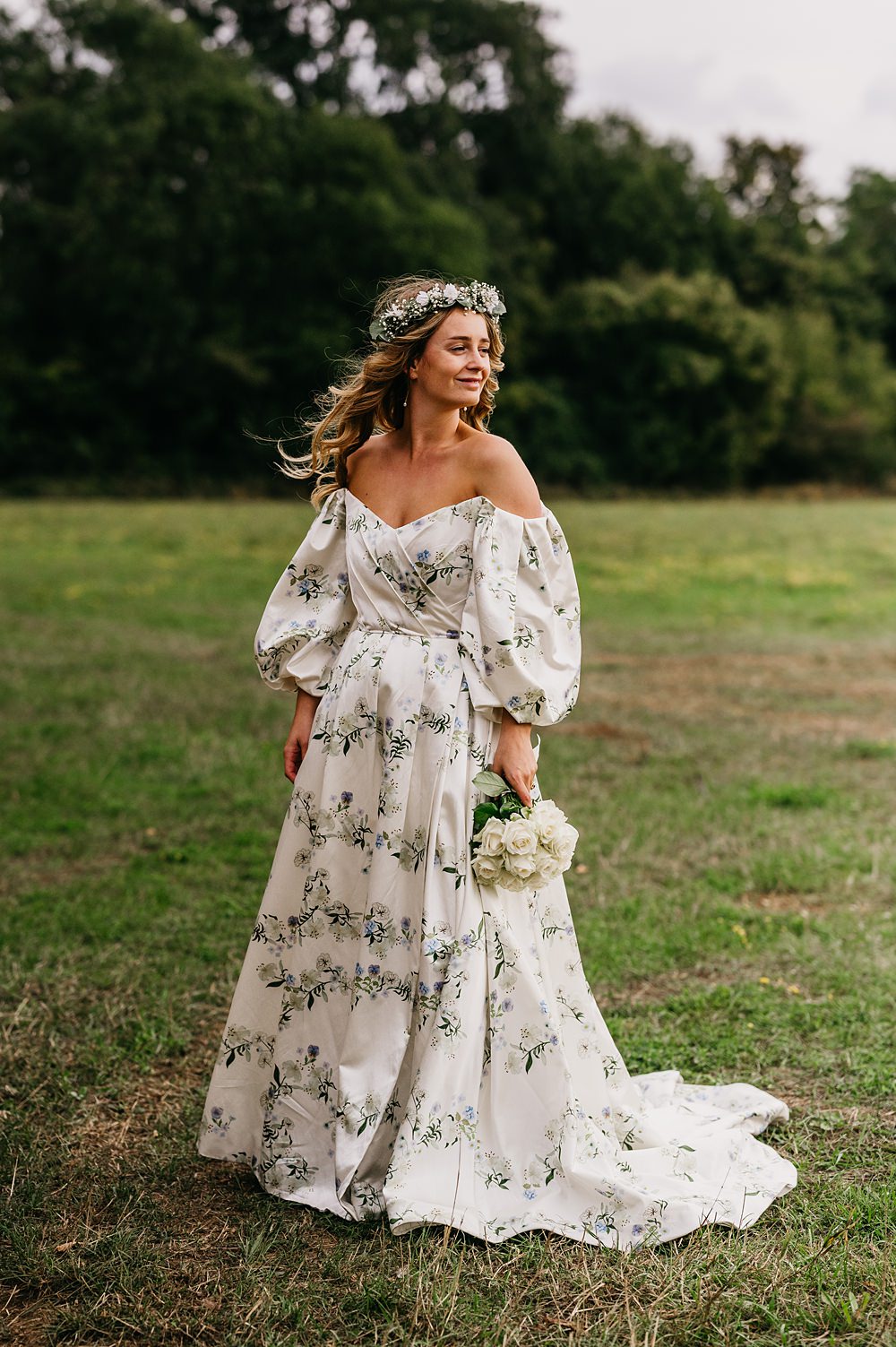 Floral Dress Gown Off Shoulder Puff Sleeve Bridal Outside Inside Wedding Kevin Fern Photography
