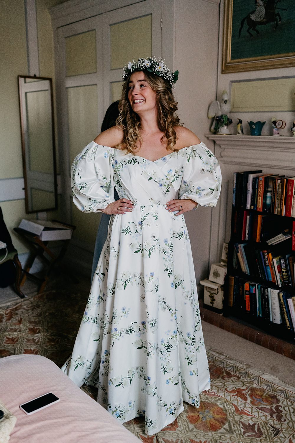 Floral Dress Gown Off Shoulder Puff Sleeve Bridal Outside Inside Wedding Kevin Fern Photography