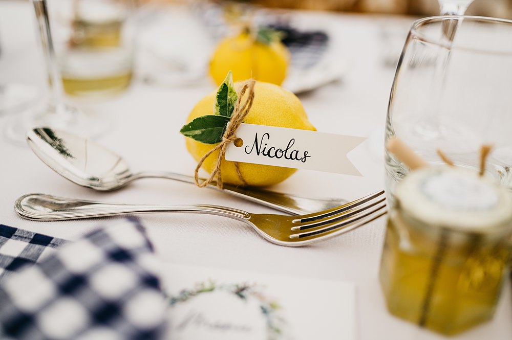 Lemon Calligraphy Place Name Card Outside Inside Wedding Kevin Fern Photography