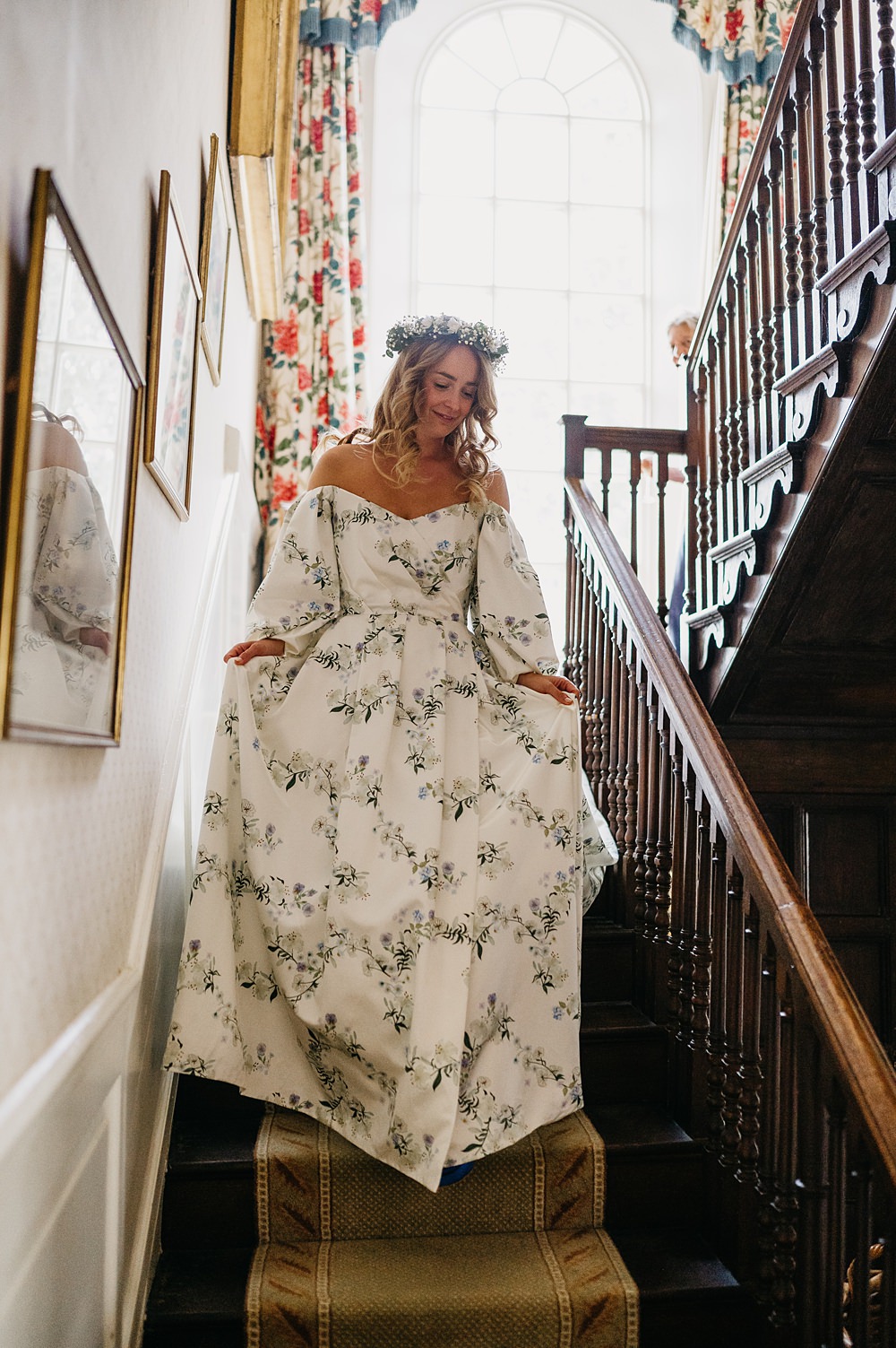 Floral Dress Gown Off Shoulder Puff Sleeve Bridal Outside Inside Wedding Kevin Fern Photography