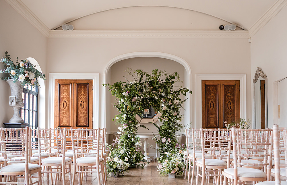 Flower Greenery Arch Ceremony Backdrop Staffordshire Country Estate Wedding Jo Hastings Photography
