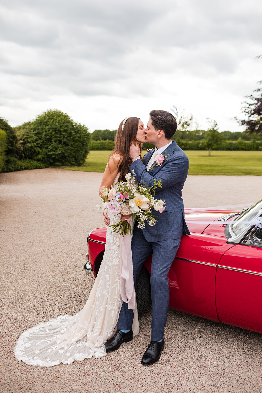 Red Classic Car Transport Staffordshire Country Estate Wedding Jo Hastings Photography