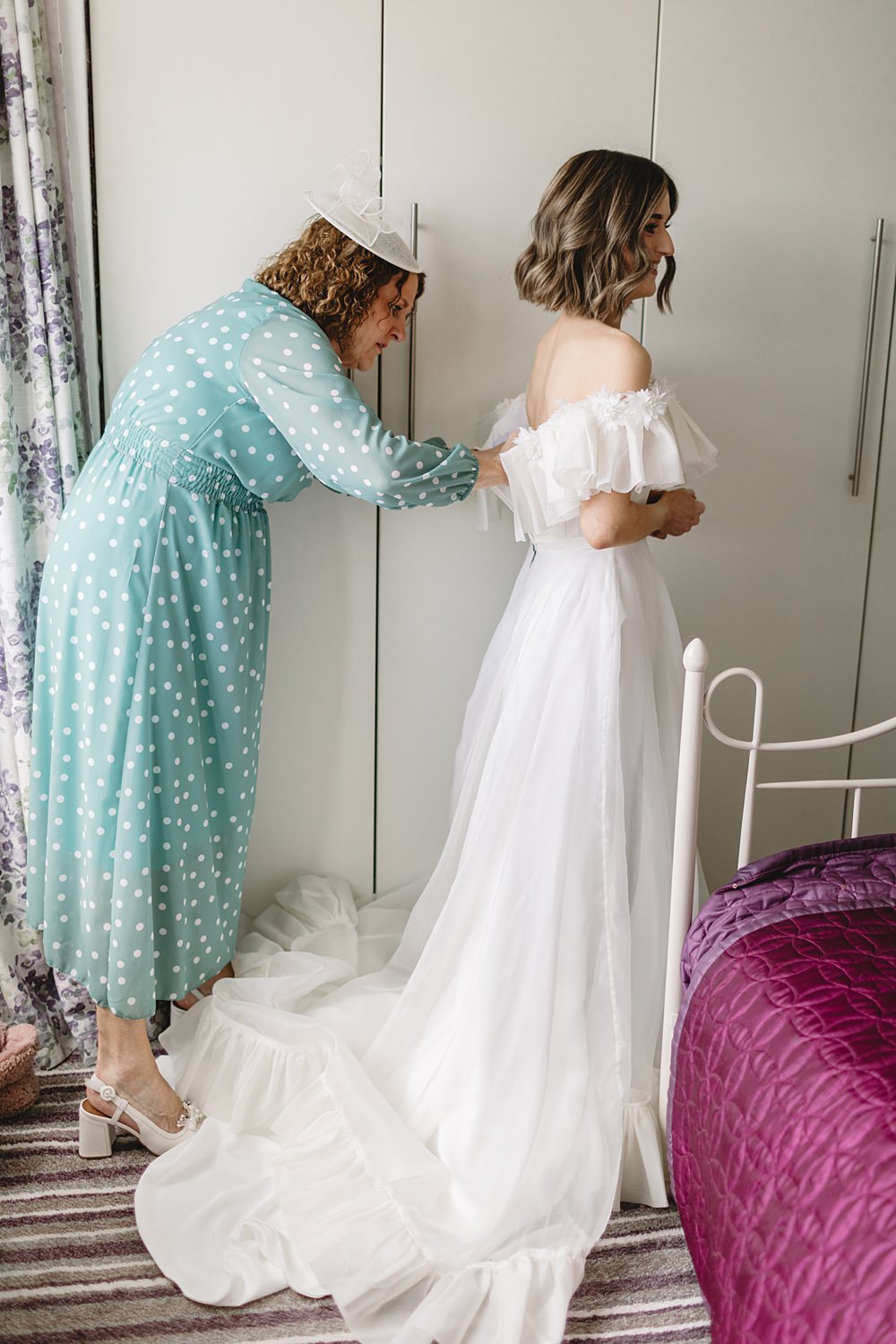 Dress Gown Off Shoulder Ruffle Bride Freda Bennet Streamers Wedding Decor Louise Barry Photographer