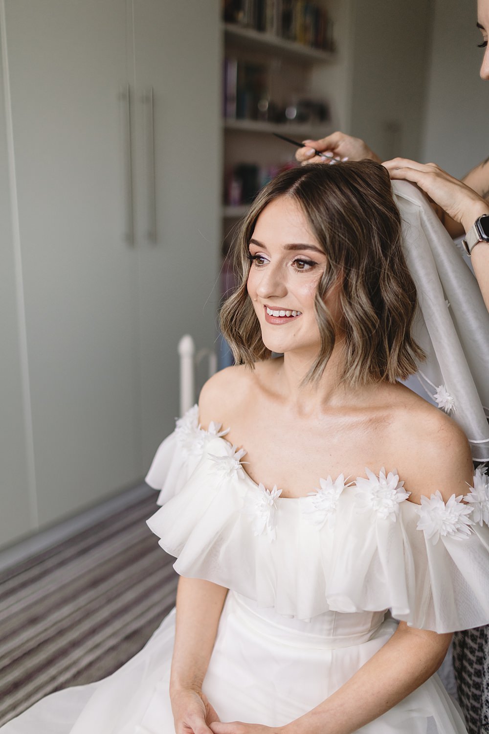 Short Hair Bride Waves Veil Streamers Wedding Decor Louise Barry Photographer
