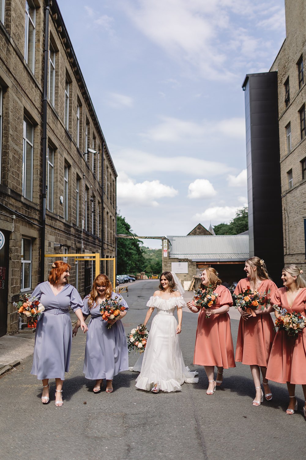 Coral Lilac Bridesmaid Dresses Streamers Wedding Decor Louise Barry Photographer