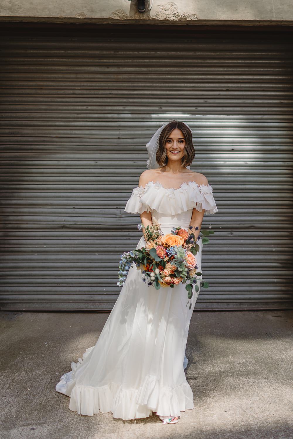 Dress Gown Off Shoulder Ruffle Bride Freda Bennet Streamers Wedding Decor Louise Barry Photographer