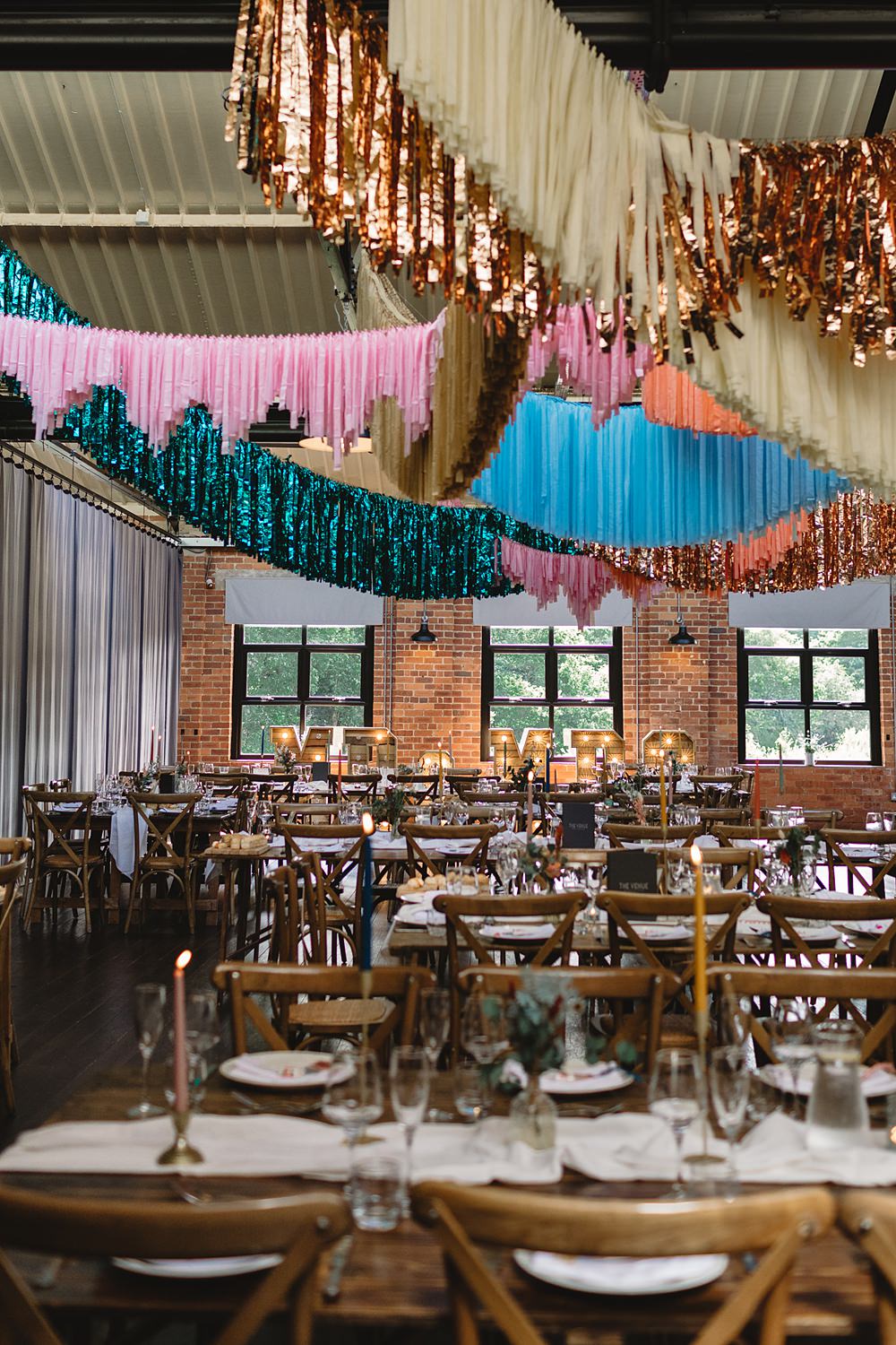 Reception Room Streamers Wedding Decor Louise Barry Photographer