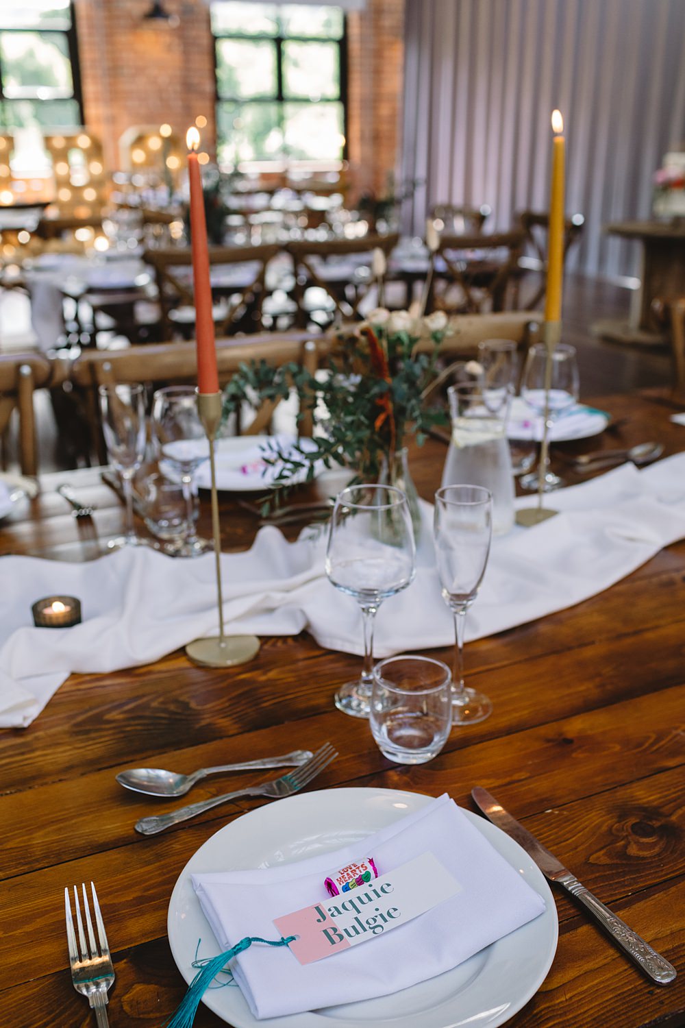 Table Set Up Flowers Candles Colourful Streamers Wedding Decor Louise Barry Photographer
